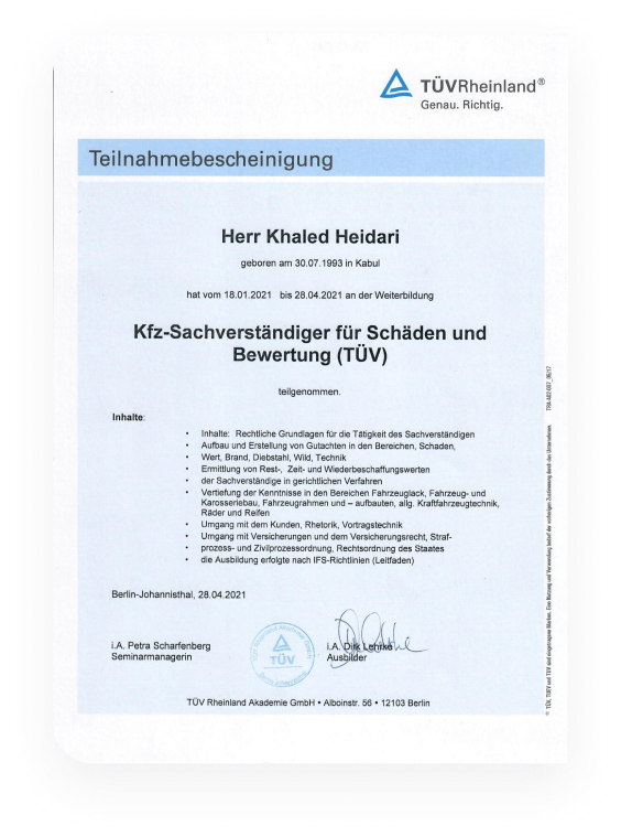 Zertifikat als Kfz Gutachter